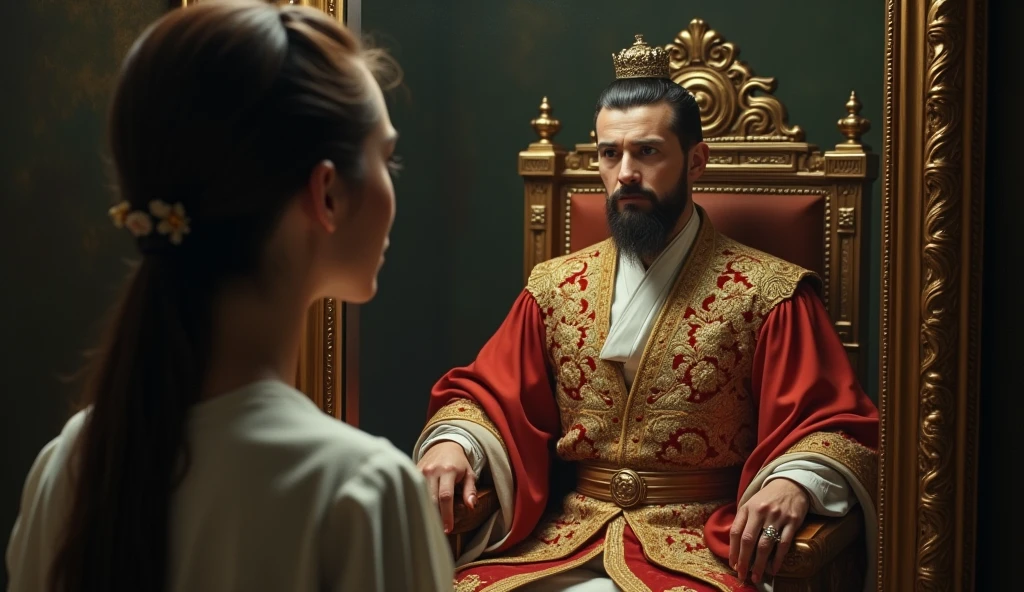 30 year old woman looking in the mirror and seeing in the reflection the image of a man sitting on a golden throne, referring to the figure of an emperor, convey a lot of depth