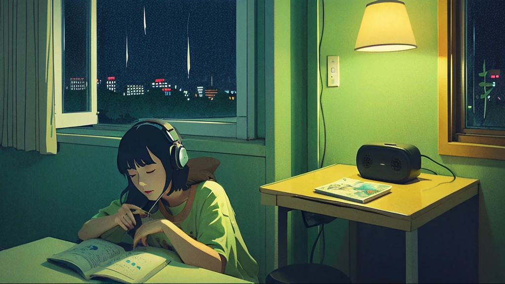 night、Girl listening to music in a cozy room, Use headphones, 2D Style Anime,  Rain outside the window、Analog Color Theme、Ghibli style、neon