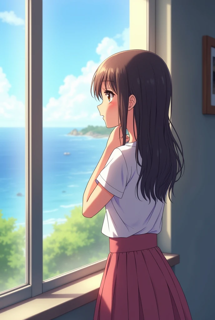 an adorable anime girl with straight and wavy hair looking out the window and the view of the drawing is in front of the girl