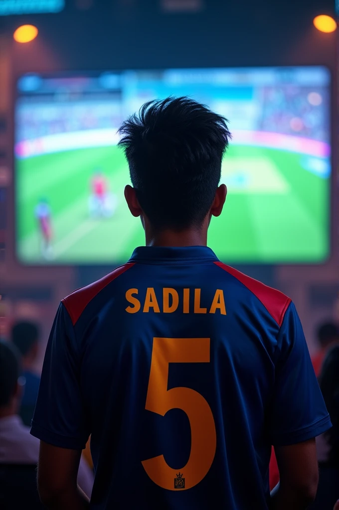 A sri lankan  crucket fan wearing sri lanka t shirt name sadila number 5 watching a match on big screen