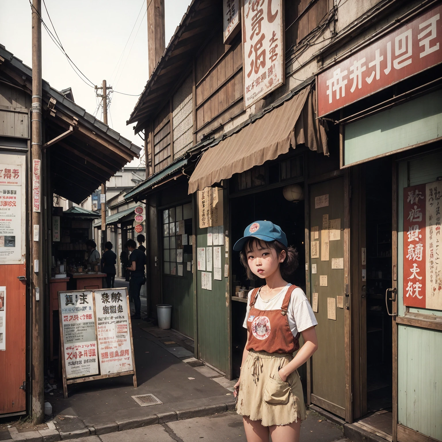 ((masterpiece、Highest quality))、Poor conditions、Japan 1980s, Dirty Standing Tavern、Old and dirty store, Unsanitary and dirty downtown Tokyo, Japan Streets, Cute girl working at the store、Poor workers、Rusted corrugated iron, Unhygienic restaurant, in the Tokyo cityscape, Kodachrome : : 8k yen, Vintage Photography, Printed matter from the 1970s