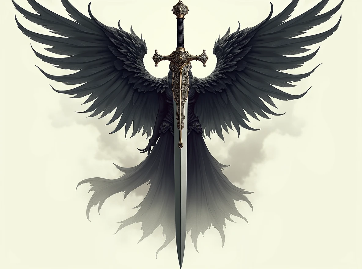 Replace the sword with a thin-bladed dagger. The dagger should have an elegant, slender blade and an ornate handle, matching the overall dark fantasy aesthetic. Ensure that the 'A' shape above the blade and the wings on either side remain completely intact and unchanged. The dagger must fit naturally within the design, replacing the sword but maintaining the same position and alignment.