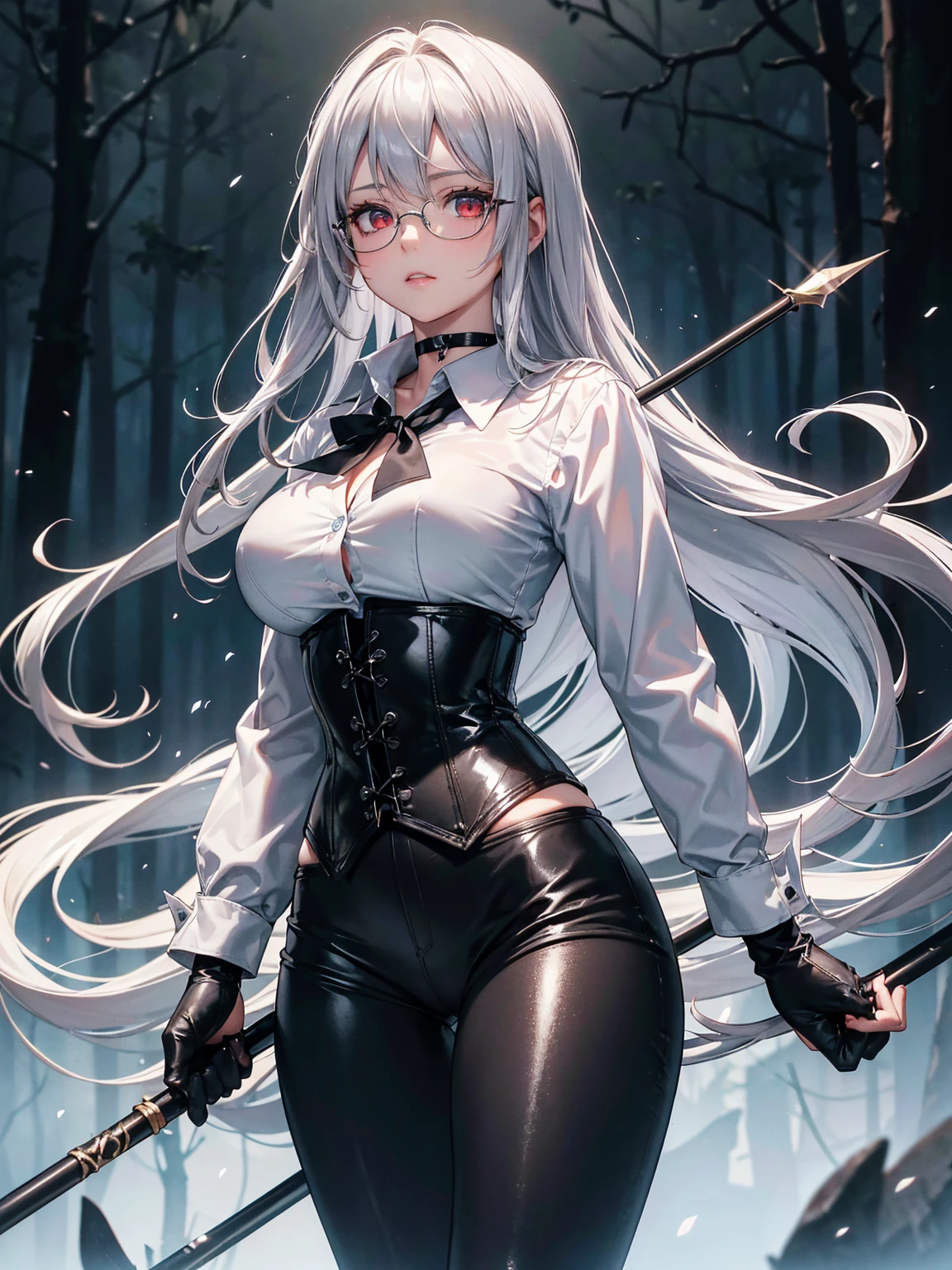 masterpiece, Superior image quality, High resolution, 4k image,photo and gross, photorealistic, whole body, 1 girl, standing, {{{vagina}}}, beautiful face, Long wavy silver hair, Red eyes, very detailed eyes, shy expression, Glasses, choker:1.6, (white long sleeve button down shirt with white collar), black gloves, gloves that cover hands, holding a spear in his hand, (black leather corset), (shiny black leggings), Sensual Lips, show details in the eyes, View from the front, looking at the viewer, Dark forest, fog, at night