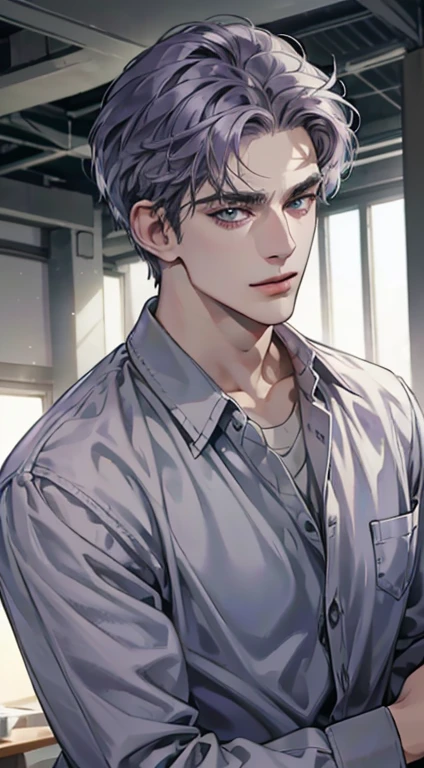 (best quality,4k,8k,highres,masterpiece:1.2),ultra-detailed,(realistic,photorealistic,photo-realistic:1.37),1 man,31 years old,mature man,very handsome,without expression,smile,short grey purple hair,blue eyes,penetrating gaze,perfect face without errors,imposing posture,businessman,office background,cinematic lighting,hdr image