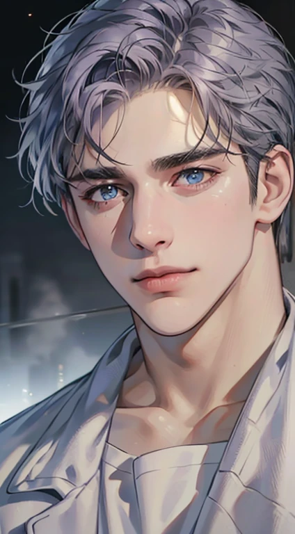 (best quality,4k,8k,highres,masterpiece:1.2),ultra-detailed,(realistic,photorealistic,photo-realistic:1.37),1 man,31 years old,mature man,very handsome,without expression,smile,short grey purple hair,blue eyes,penetrating gaze,perfect face without errors,imposing posture,businessman,office background,cinematic lighting,hdr image
