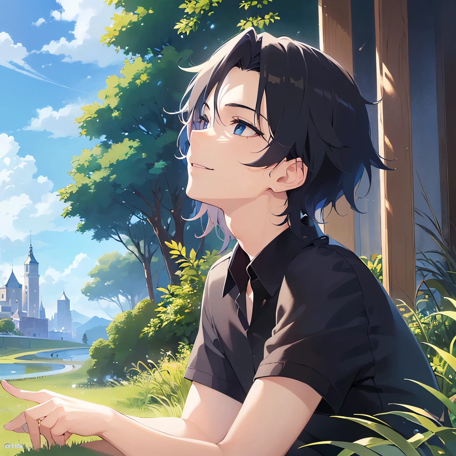 (looking up:1.5),upper body,Gazing Skyward 、Side shot、
shiny skin, masterpiece、Highest quality、
(25-year-old male:1.5) and (Black short hair) and (blue eyes),
(black collared shirt:1.5)、
smile,park,(alone:1.5)、grass,blue sky
