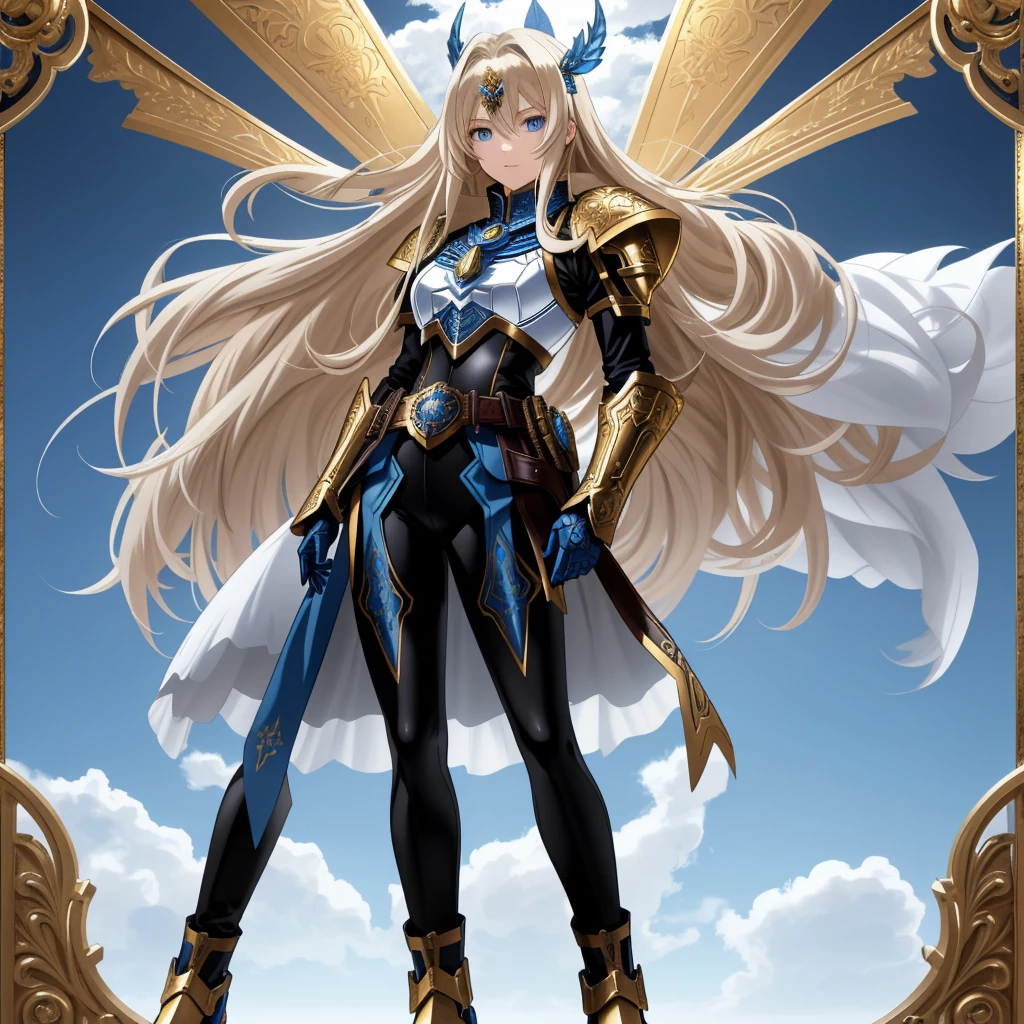 A full-body portrait of a young woman in anime style, with long, light blonde hair, framed by a white mantle adorned with golden details. She has intense blue eyes and wears a form-fitting blue armor with intricate engravings of leaves and flowers, and golden metal pieces covering her shoulders and arms. A dark brown leather belt with metallic buckles secures her armor at the waist. She wears brown leather boots, standing in a dynamic action pose. A cross-shaped pendant adorns her chest. The background features a blue sky with fluffy clouds, highlighting her majestic and noble appearance, visible from head to toe, wear tight pantsA full-body portrait of a young man in anime style, with short, dark hair. he has intense blue eyes and wears a form-fitting blue armor with intricate engravings of leaves and flowers, and golden metal pieces covering her shoulders and arms. A dark brown leather belt with metallic buckles secures her armor at the waist. he wears brown leather boots, standing in a dynamic action pose. A cross-shaped pendant adorns her chest. The background features a blue sky with fluffy clouds, highlighting her majestic and noble appearance, visible from head to toe, wear tight pants
