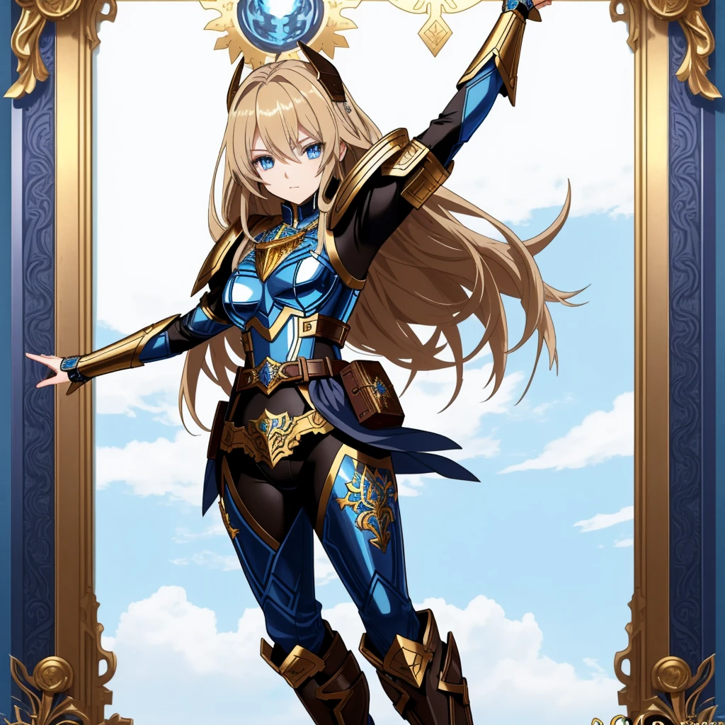A full-body portrait of a young woman in anime style, with long, light blonde hair, framed by a white mantle adorned with golden details. She has intense blue eyes and wears a form-fitting blue armor with intricate engravings of leaves and flowers, and golden metal pieces covering her shoulders and arms. A dark brown leather belt with metallic buckles secures her armor at the waist. She wears brown leather boots, standing in a dynamic action pose. A cross-shaped pendant adorns her chest. The background features a blue sky with fluffy clouds, highlighting her majestic and noble appearance, visible from head to toe, wear tight pantsA full-body portrait of a young man in anime style, with short, dark hair. he has intense blue eyes and wears a form-fitting blue armor with intricate engravings of leaves and flowers, and golden metal pieces covering her shoulders and arms. A dark brown leather belt with metallic buckles secures her armor at the waist. he wears brown leather boots, standing in a dynamic action pose. A cross-shaped pendant adorns her chest. The background features a blue sky with fluffy clouds, highlighting her majestic and noble appearance, visible from head to toe, wear tight pants
