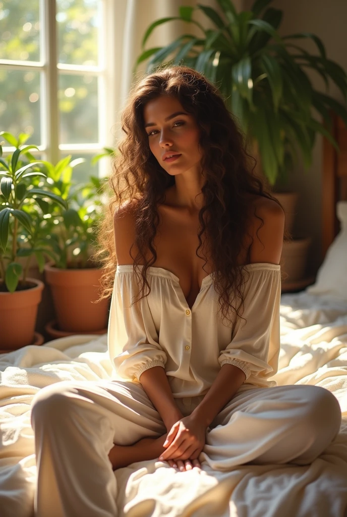 (photorealism:1.2), beautiful woman, sitting on bed, wearing loose off-shoulder top, pajama pants, long curly hair, indoors, soft lighting, plants in background, window with sunlight, cozy room, relaxed pose, realistic, intricate details, warm colors, by Greg Rutkowski, by Alphonse Mucha