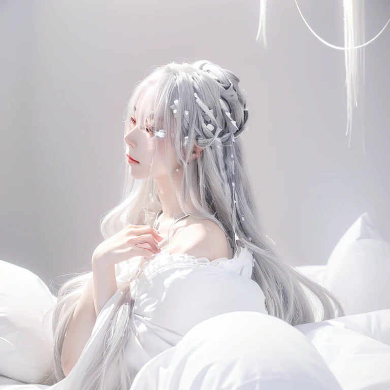 girl with long hair and White Dress sitting on a bed, Gray-haired deity, White hair floating in the air, ( ( ( yoh yoshinari ) ) ), Silver Hairの少女, Long white hair!!, celestial beings, soft, Pixiv, White Dress!! Silver Hairの, by Ai-Mitsu, Gray-haired, ether, Silver Hair