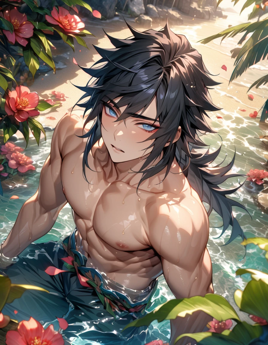 Ultra detailed, HDR, Highres, absurdres, master piece, Tomioka Giyuu, black hair, expressive blue eyes, without shirt, bare chest, toned chest, Kimetsu No Yaiba, sexy man, handsome, flowers, petals, fantasy, magical, green leaves, handsome, best quality, glittering, sensual, horny, water, beach, solo