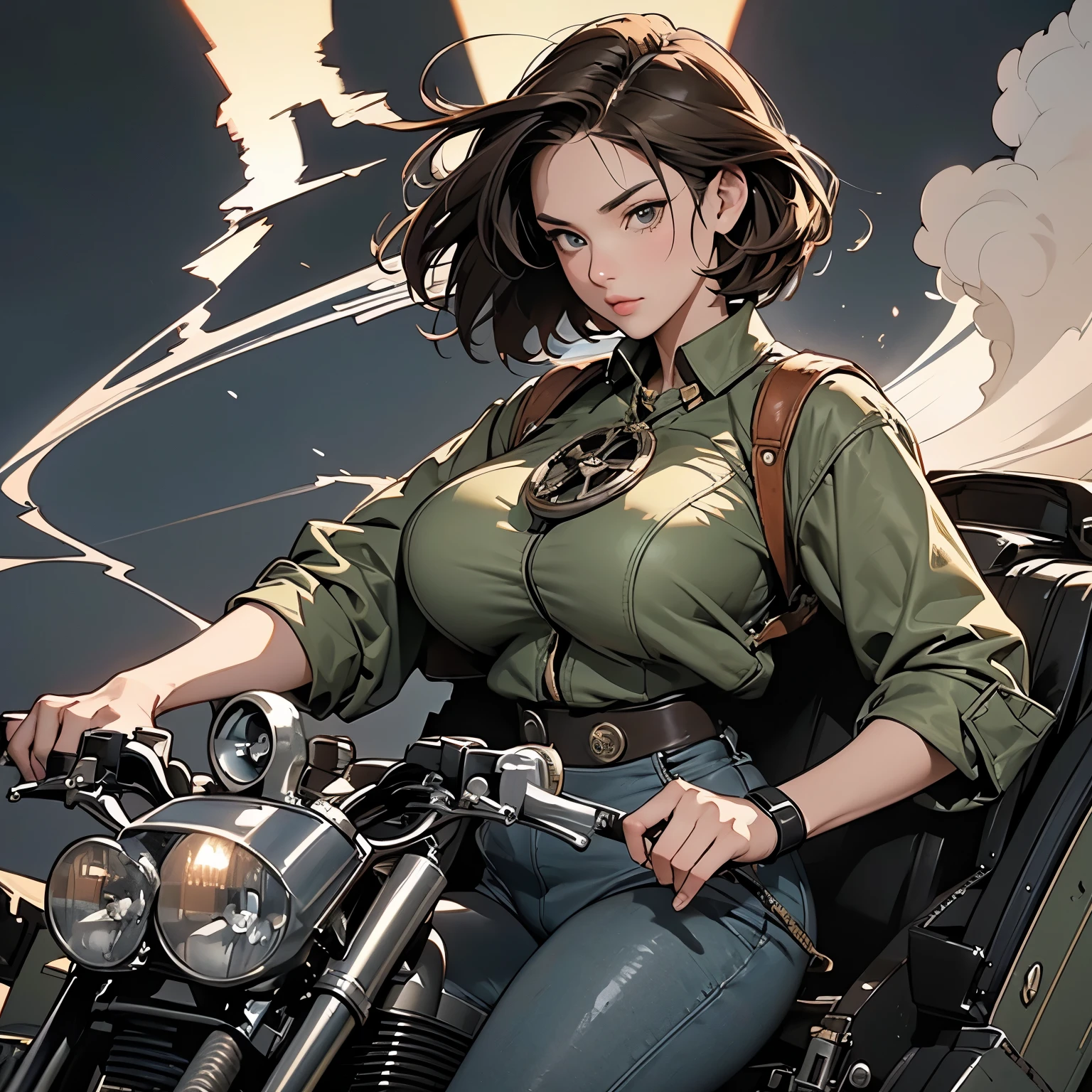 nsfw, anime screencap, 16K, perfect anatomy proportion body, perfect hands, action, A dynamic composition with a sense of speed and movement, (open cockpit, Ride a large steam engine military bike:1.6), a wife, 40age, perfect beautiful delicate sexy face, perfect beautiful delicate eyes, brown hair, short bob hair, gigantic tits, abs, Wearing an elaborate chainmail breastplate and loincloth, Desert Battlefield, war, Post-apocalyptic,