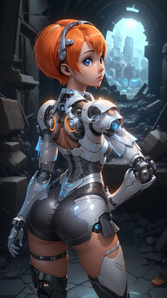 (rear view, backside view),(The best quality,A high resolution,Ultra - detailed,actual),Ariana Grande in a short skirt and a top,(cabello corto rizado África :1.4), ( leeloo outfit:1.4) ,(mini skirt black cyborg :1.4), (short orange hair :1.4),(dark ebony skin:1.4),(Ruined dungeon ruins background:1.4 ),( LEELOO:V2.1) , (realistic anime 3 d style:1.4) , photorealistic anime girl render, Anime styled 3d, 3 d anime realistic, 3 d character art, 3d anime girl, 8K high quality detailed art, Anime style. 8k, Artgerm ; 3d unreal engine, ,(Ruined dungeon ruins background:1.4 ),( Perfect anatomy :1.4),( cowboy pose :1.4), (short orange cyborg plastic transparent :1.4), (top white cyborg plastic transparent :1.4),( cinematic lighting :1.4), (Ariana Grande :1.4), (Ariana Grande :V2.5), More detailed 8K.unreal engine:1.4,UHD,La Best Quality:1.4, photorealistic:1.4, skin texture:1.4, masterpiece:1.8,first work, Best Quality,object object], (detailed face features:1.3),(The correct proportions),(Beautiful blue eyes),  (cowboy pose), (dark ebony skin:1.4), (cyborg mecánica white plastic transparent :1.4), (cyborg :1.4), (tiene un hermoso culo :1.4),( cyborg plastic leeloo mecánico white transparente :1.4), (Esqueleto mecánico cyborg de titanium cibernético transparent :1.4) 
