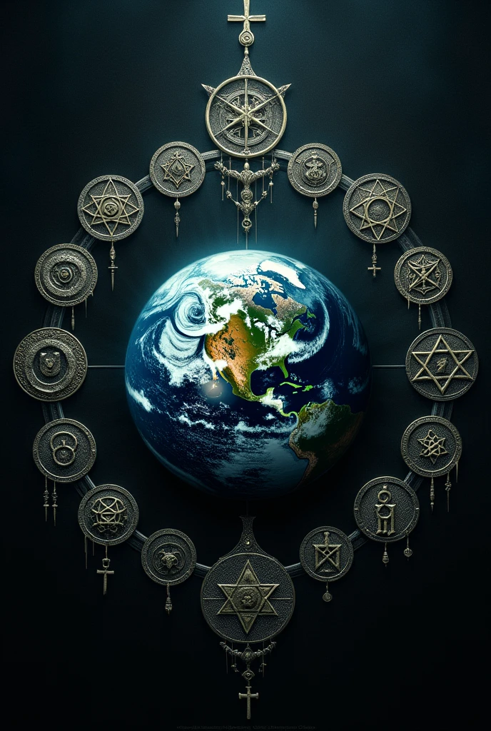 make a horror image with all religions surrounding planet earth