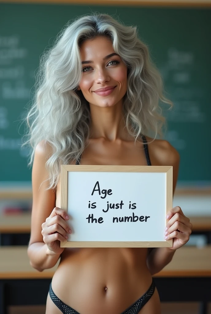 A beautiful youthful looking gray haired asian women as a 50 years old woman with long her completely gray hair in a big curls styles as a supermodel wearing a Lingerie standing in a high school classroom holding a white board with text "age is just a number" and showing it to the viewer