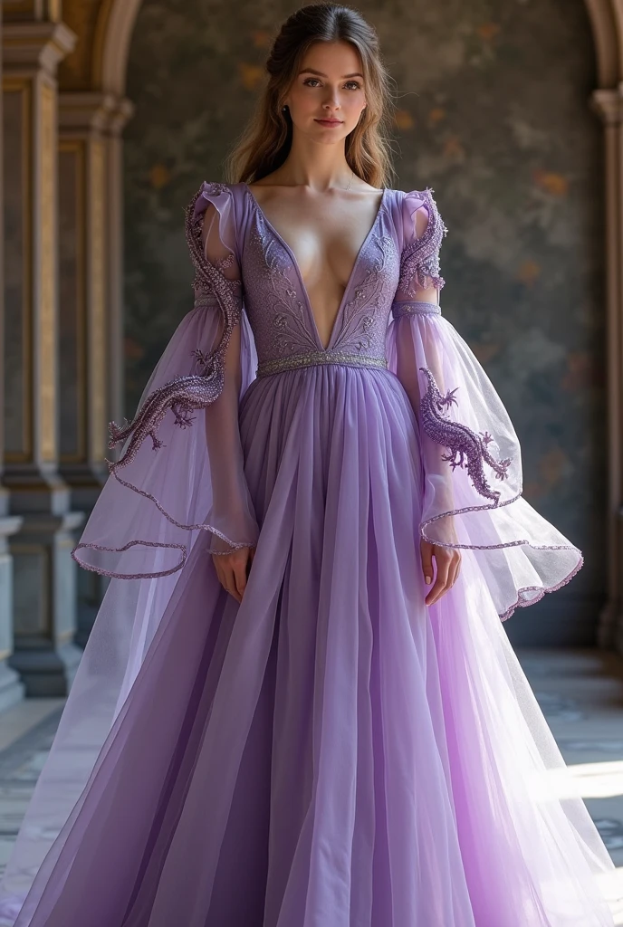 Long lilac medieval dress with a generous neckline and long tulle sleeves with embroidered dragons