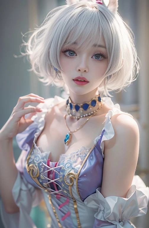 28 years old, Close up portrait of woman in colorful clown costume、Shoulders out、thin、Serious expression、Short-haired、Deadly position, Gorgeous Necklace, Light milky porcelain skin, Smooth, Translucent white skin, Enchanting anime girl, Beautiful and seductive anime woman, Ultra realistic sweet bunny girl, Pale porcelain white skin, Smooth, Realistic and perfect body, Anime Girl Cosplay, Perfect body with realistic shadows, Switzerland&#39;masterpiece