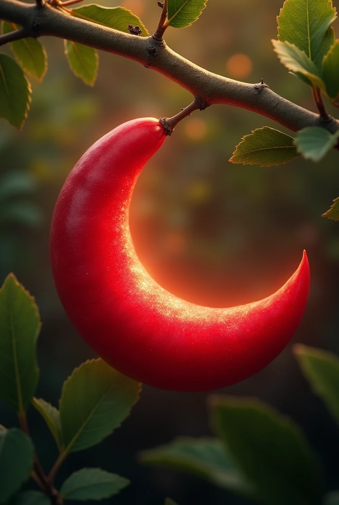 A crescent-shaped red fruit on a branch that shines