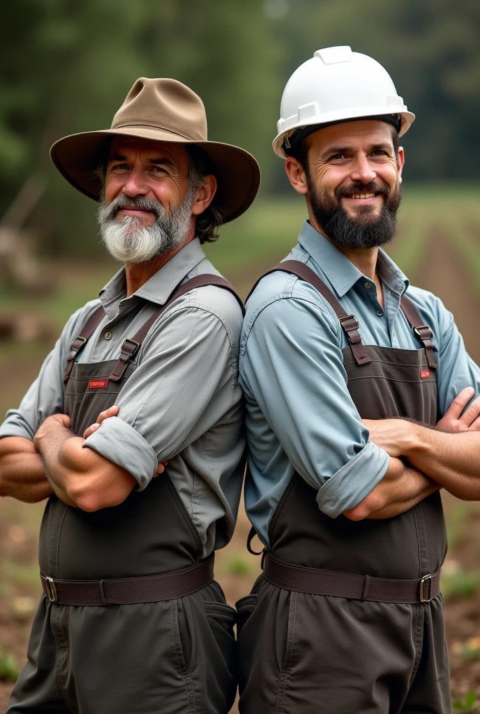 2 people smiling with arms crossed, a farmer with a hat and an industrial engineer with a white helmet and apron. Both in profile and from behind. both men. Full body image with legs.