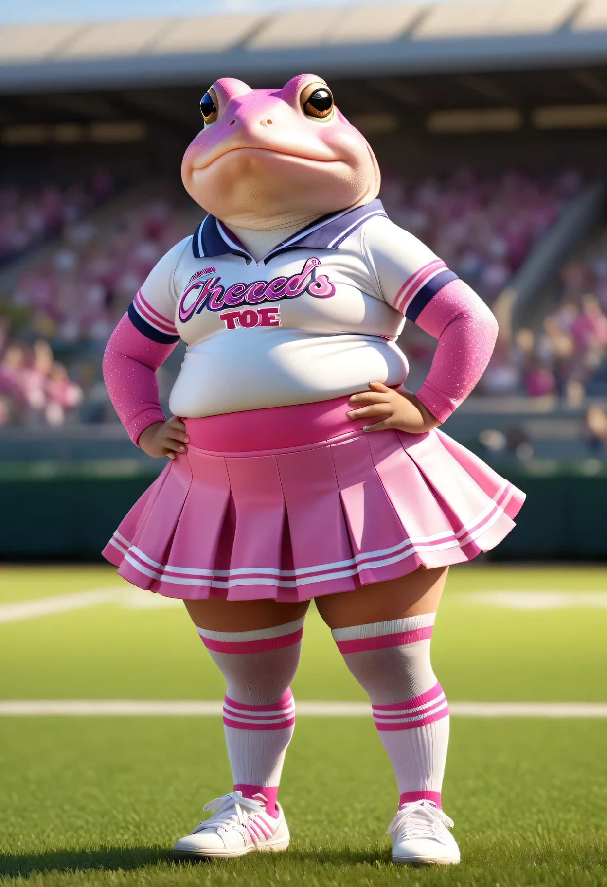 photorealistic portrait of Dressed animals - a ((fat))pink (toad) cheerleader,(full body image from head to toe:2.0), (hands on hips:2.0),(standing), (),high quality,(lovely) , highly detailed cute  top with team logo ,intricate detailed  short pleated skirt, highly detailed ((cheerleader's costume)) ,(highly detailed sox and sneakers),, (happy), natural lighting,, grass sports field background,
