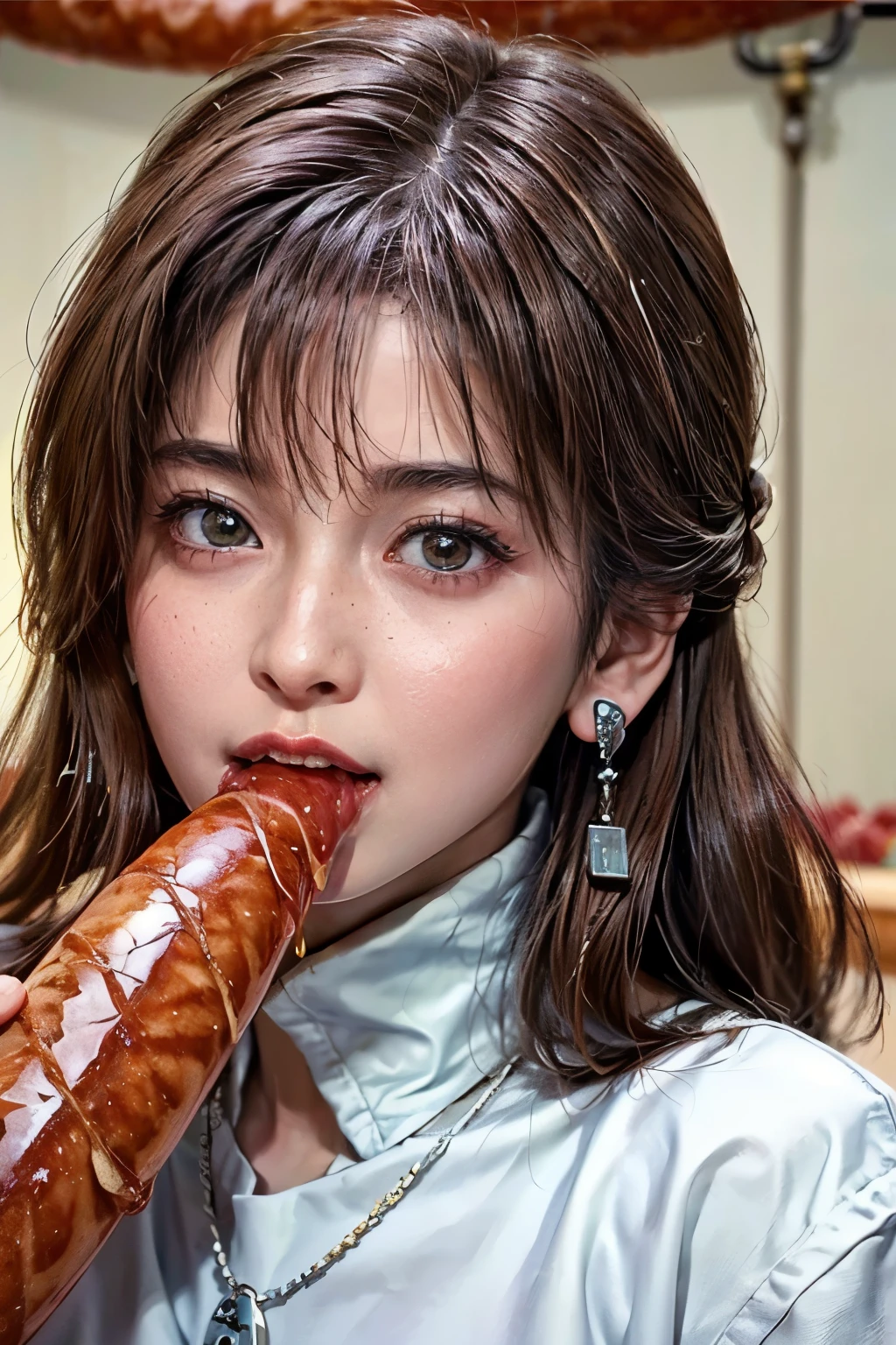 realistic, photo-realistic, masterpiece, best quality, intricate details, extremely detailed, cinematic lighting, solo, a Japanese mature, , a 55yo woman, (eating a huge sausage in hand, bite a large sausage, shovel a long sausage into mouth, sucking a thick sausage:1.4), (drip white liquid from mouth:1.5), dark hair, bangs, ponytail, hair ornament, hair scrunchie, cute face, extremely detailed face, beautiful detailed eyes, sophisticated nose, pale skin, fine-textured skin, sweaty, shiny skin, earrings, necklace, jewelry, photo background, indoors, home, 