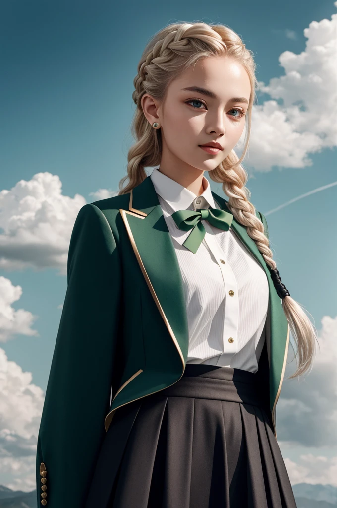 18 year old girl with long platinum blond braided hair, wearing a dark green blazer white blouse and black skirt, flying among clouds in the style of hyper-realistic atmospheres,dotted, fenghua zhong, close up, light gold and dark emerald, 32k uh --ar 9:16 --stylize 750