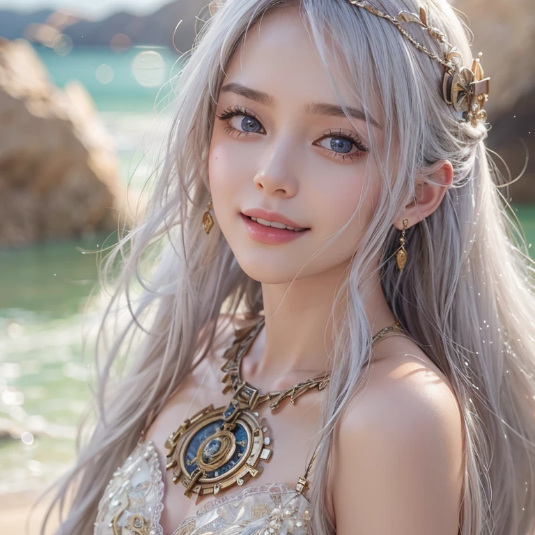 (masterpiece:1.3), (8k, Realistic, RAW Photos, Best image quality: 1.4), Fair-skinned fairy woman、Long Hair、Cleavage:2.0、Highly detailed face、Attention to detail、double eyelid、Chest to chest、Sharp focus:1.2、Beautiful woman:1.4、Silvery white hair、Highest quality、masterpiece、Ultra-high resolution、(Realistic:1.4)、Highly detailed and professionally lit smiles、Loose, Light, steampunk、Shoulder out、thin、Serious expression、Short-haired、Deadly position, One person、whole body,Walking on the beach、Gorgeous Necklace、