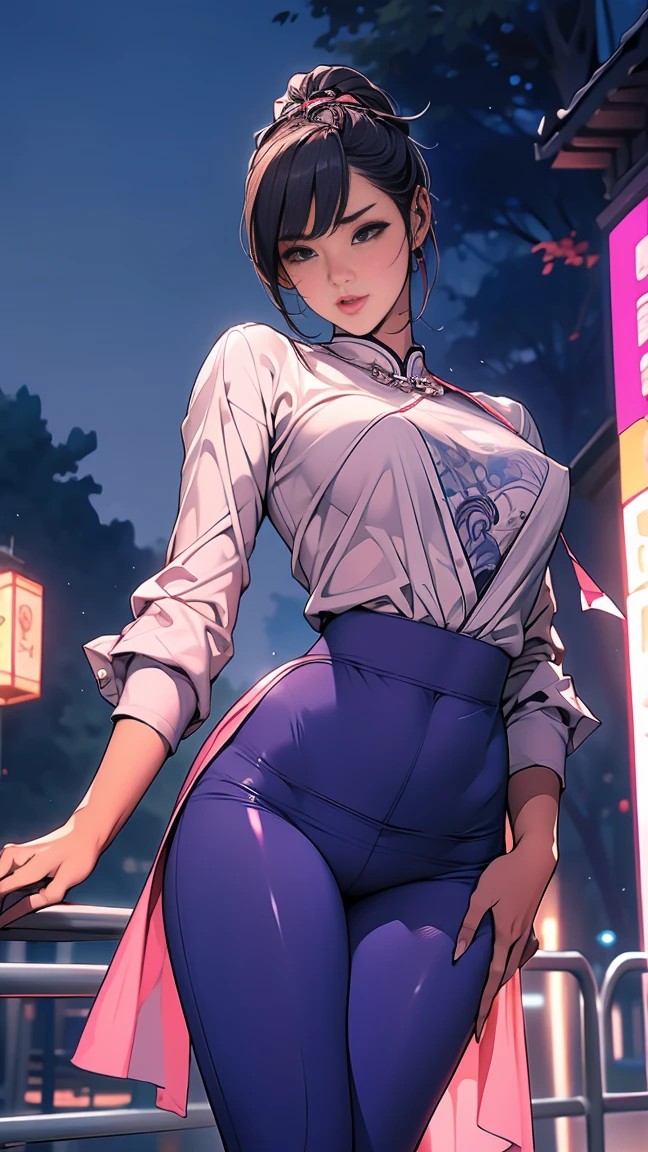 ((master part,best qualityer)),1girl,standing alone,ChunLi,pink chinese dress,blue leggings spandex ,Beautiful night street background,24 years, sharp eyes, medium breasts, toned, 8K, fully body, ambient lighting, underboob, ring, arn thick thighs, detailed legs, flexible, (standing on one leg:1.2), (standing split:1.3), brawny, hand holding one leg up,park background,NSFW,camel,erected ,(from low:1.2),Legging, oda non,