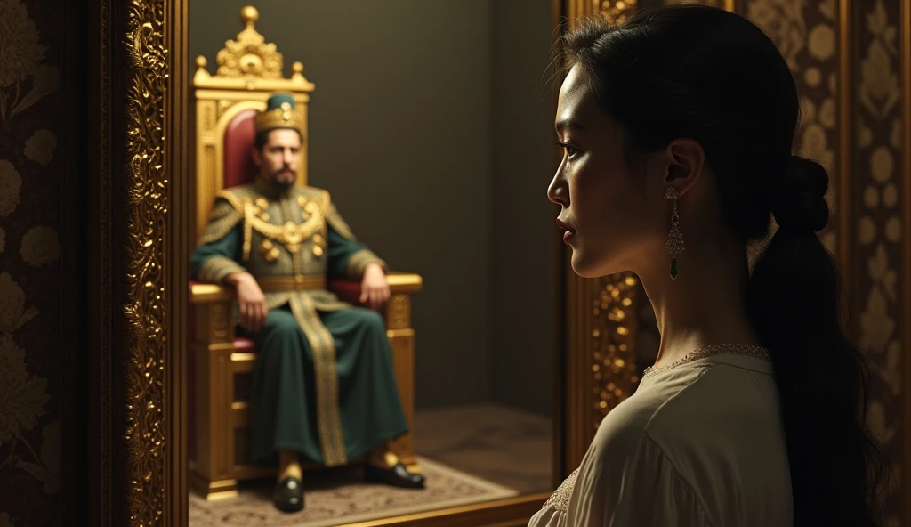 30 year old woman looking at the mirror and seeing in the reflection her own image but as a male figure sitting on a golden throne, referring to the figure of an emperor, convey a lot of depth