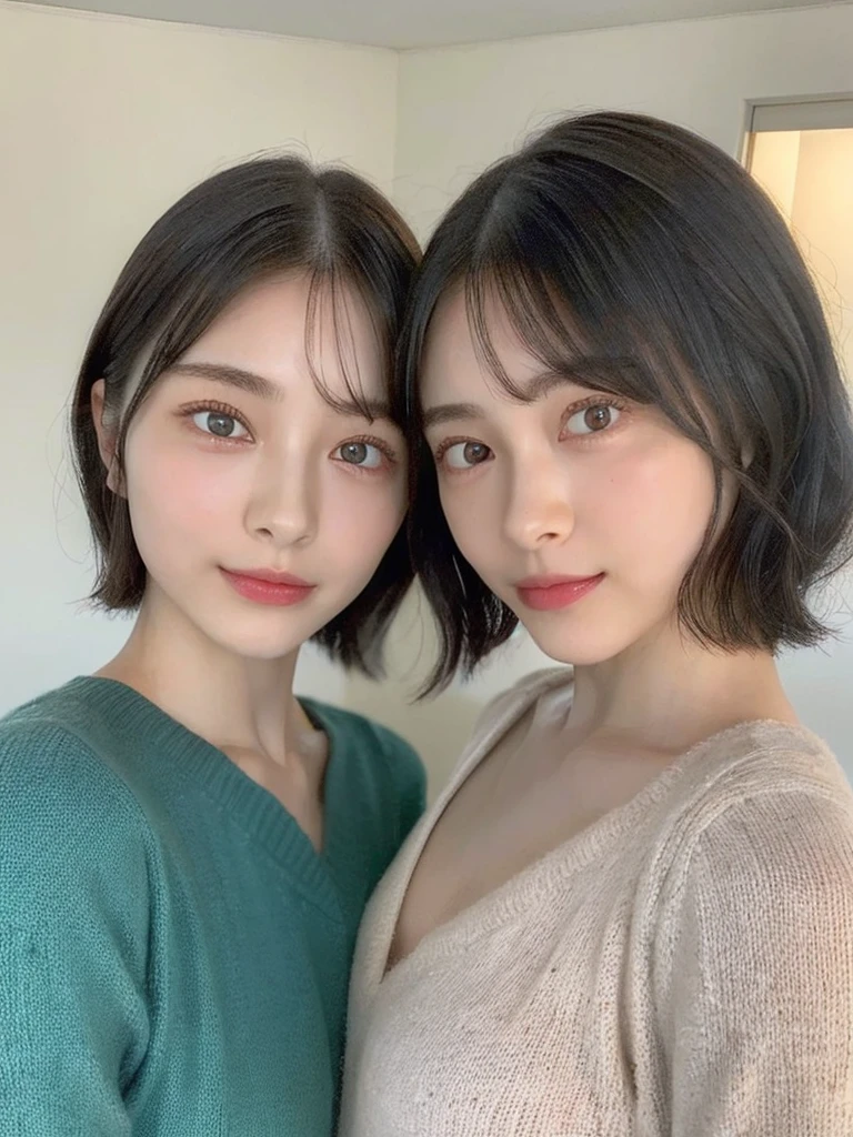(masterpiece:1.3), (8k, Photoreal, Raw photo, best image quality: 1.4), Japanese high school girl、(random hairstyle:1.2)、cleavage:1.5、super detail face、eye for details、double eyelid、chest to chest、sharp focus:1.2、Beautiful woman:1.4、light brown hair、highest quality、masterpiece、超A high resolution、(Photoreal:1.4)、Highly detailed and professionally lit smiles、loose and light knitwear、shoulder out、thin、serious expression、short haired、deadly position
similar identical twins
All the girls have the exact same face, The two have the same face and figure, as if they were mirror images.