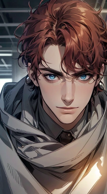 (best quality,4k,8k,highres,masterpiece:1.2),ultra-detailed,(realistic,photorealistic,photo-realistic:1.37),1 man,31 years old,mature man,very handsome,without expression,smile,short grey red hair,blue eyes,penetrating gaze,perfect face without errors,imposing posture,businessman,office background,cinematic lighting,hdr image