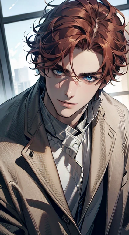(best quality,4k,8k,highres,masterpiece:1.2),ultra-detailed,(realistic,photorealistic,photo-realistic:1.37),1 man,31 years old,mature man,very handsome,without expression,smile,short grey red hair,blue eyes,penetrating gaze,perfect face without errors,imposing posture,businessman,office background,cinematic lighting,hdr image