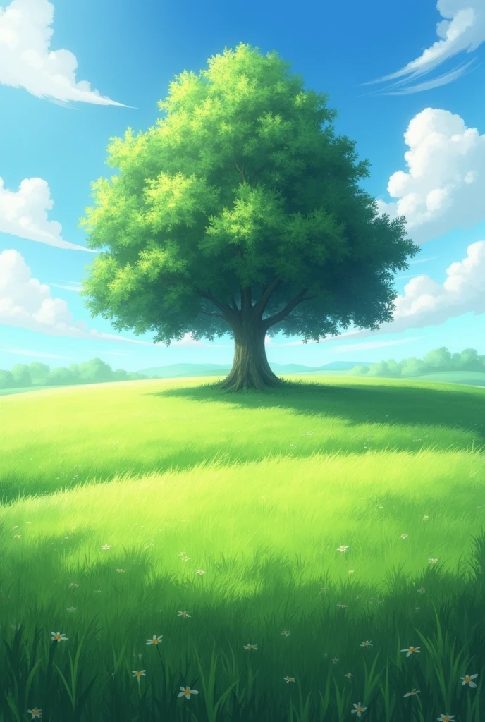 Beautiful open field with green grass and a beautiful tree in the center