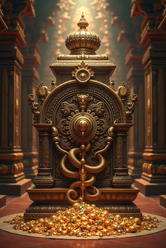 Create an ultra 8K HD image depicting the Anantha Padmanabhaswamy treasure, with a focus on the traditional Nagabandham security lock. The image should capture the intricate details of the lock, showcasing its ornate design and craftsmanship. The treasure itself should be displayed with rich textures and vivid colors, emphasizing its opulence and historical significance. Ensure the scene has a regal, mysterious atmosphere that reflects the grandeur of the treasure and the complexity of its traditional security measures.