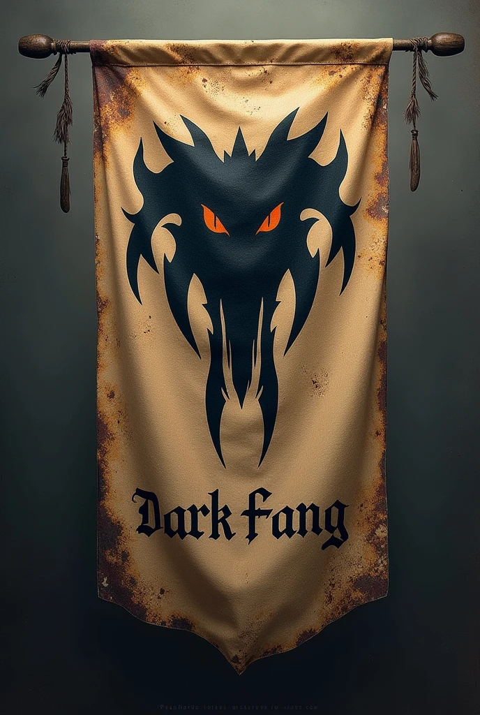 Create a flag for a group of mercenaries with a large fang in the center and the words "Dark fang" Game of Thrones style