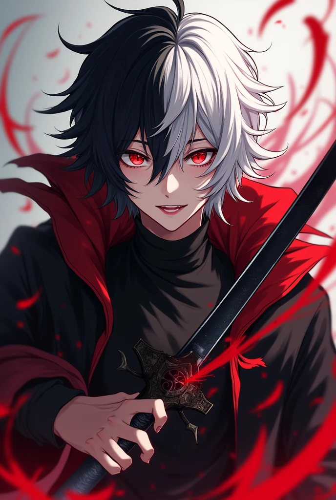 Male anime character, half black hair and half white hair, red eyes, crazy, psycho, hate face, european village destructed, magic sword, revenge , mind crazy, revenge, blind of angry, crazy aura, dark aura, black clothes with red touches
