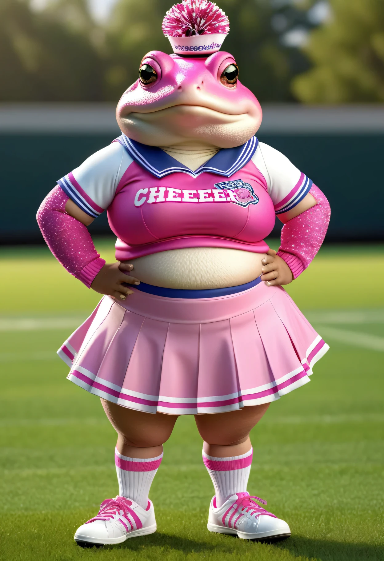 photorealistic portrait of Dressed animals - a ((fat))pink (toad) cheerleader,(full body image from head to toe:2.0), (hands on hips:2.0),(standing), (),high quality,(lovely) , highly detailed cute top with team logo ,intricate detailed short pleated skirt, highly detailed ((cheerleader's costume)) ,(highly detailed sox and sneakers),(looking at viewer:1.5), (closed mouth:1.2), natural lighting,, grass sports field background,