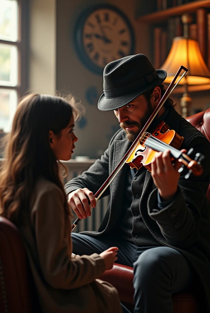 Bearded Scherlock Holmes from the BBC Scherlock series playing the violin in 221B for a Brazilian girl with long, wavy brown hair