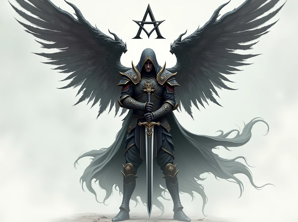 Replace the sword with a thin-bladed dagger. The dagger should have an elegant, slender blade and an ornate handle, matching the overall dark fantasy aesthetic. Ensure that the 'A' shape above the blade and the wings on either side remain completely intact and unchanged. The dagger must fit naturally within the design, replacing the sword but maintaining the same position and alignment.