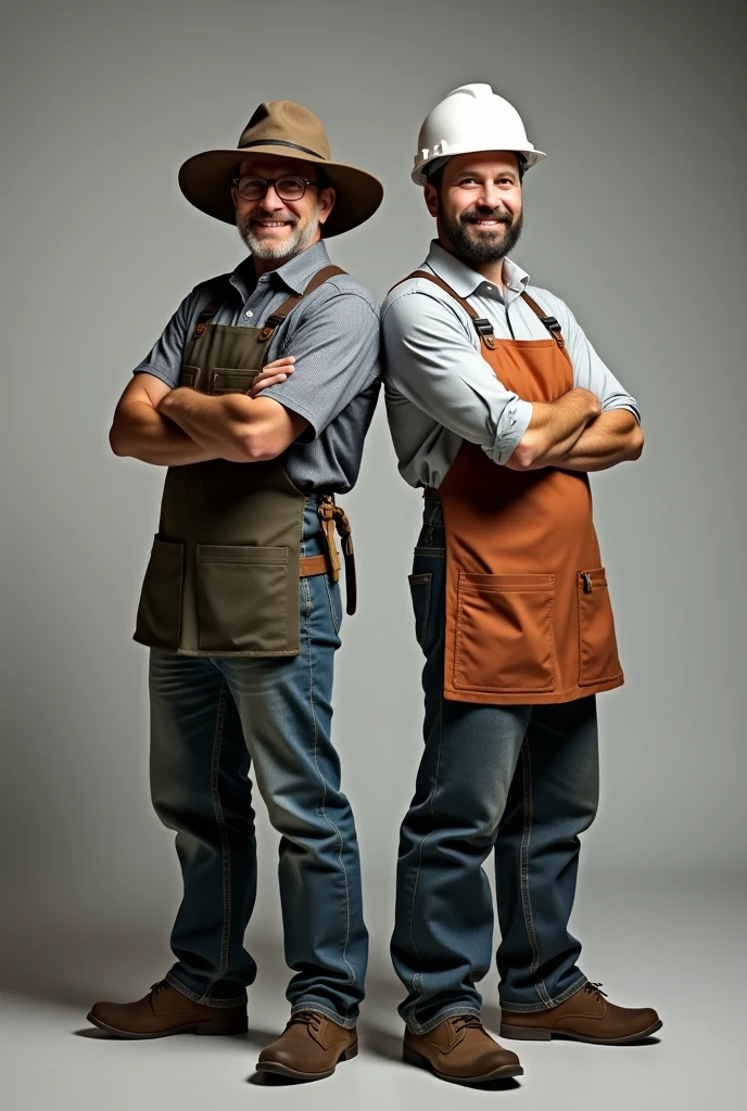 2 people smiling with arms crossed, a farmer with a hat and an industrial engineer with a white helmet and apron. Both in profile and from behind. both men. Full body image with legs and feet.