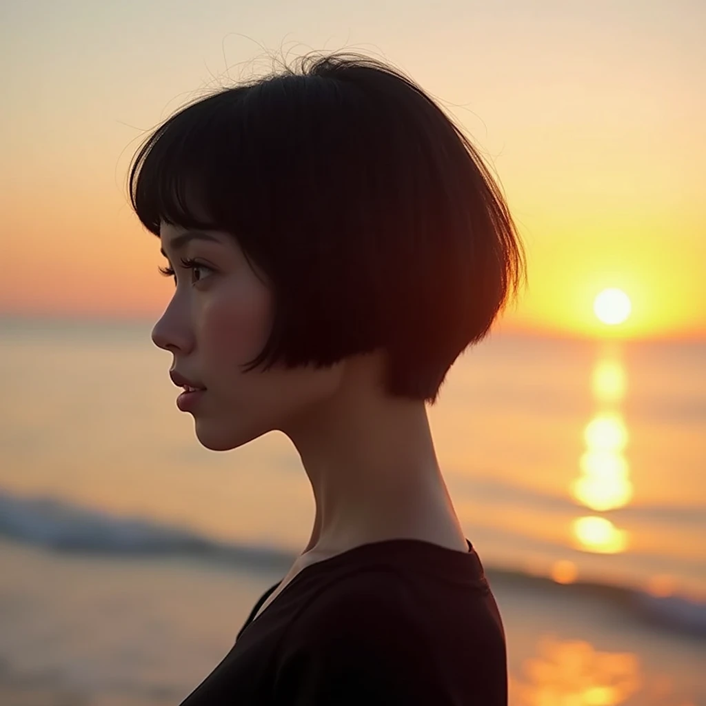 Female Model、Seaside at sunset、Short black hair、Tall and cool、profile