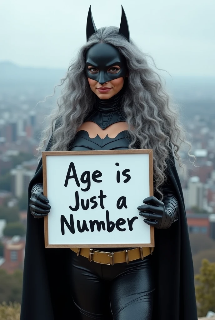 A beautiful youthful looking Hispanic version of a gray haired Ariana Grande as a 50 years old woma n with long her completely gray hair in a big curls styles as the superhero batwoman wearing a batw oman costume with a hood standing on top of a hil I overlooking a big city holding a white board with text " age is just a number" and showing it to the viewer