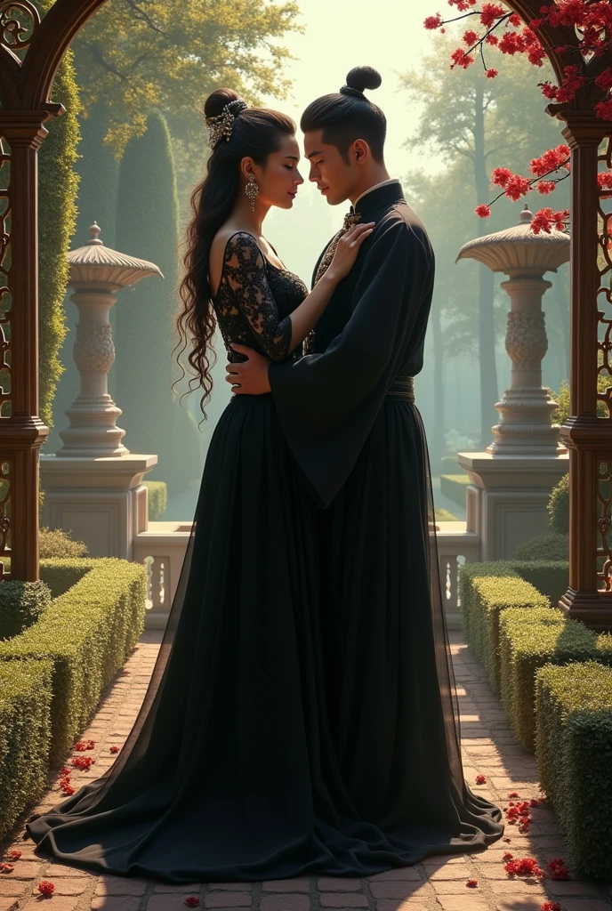 Black empress, black queen, handsome chinese prince, kissing, in garden