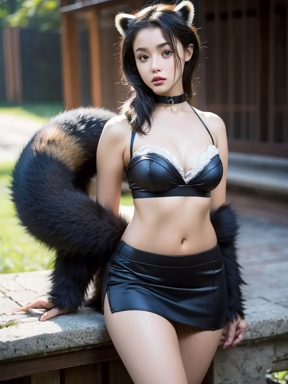 ((Highest quality, 8k)), ((masterpiece)), (Highest Resolution), Perfect Face, Raccoon-eared woman, Female college student, Beautiful woman, public, One tail, she has thick thighs, Big raccoon tail, She has a brown raccoon tail., She sticks out her tail, Troubled face, Fur collar, She is wearing a short skirt, Beautiful Hips , Big Breasts, The skirt is rolled up with a big tail
