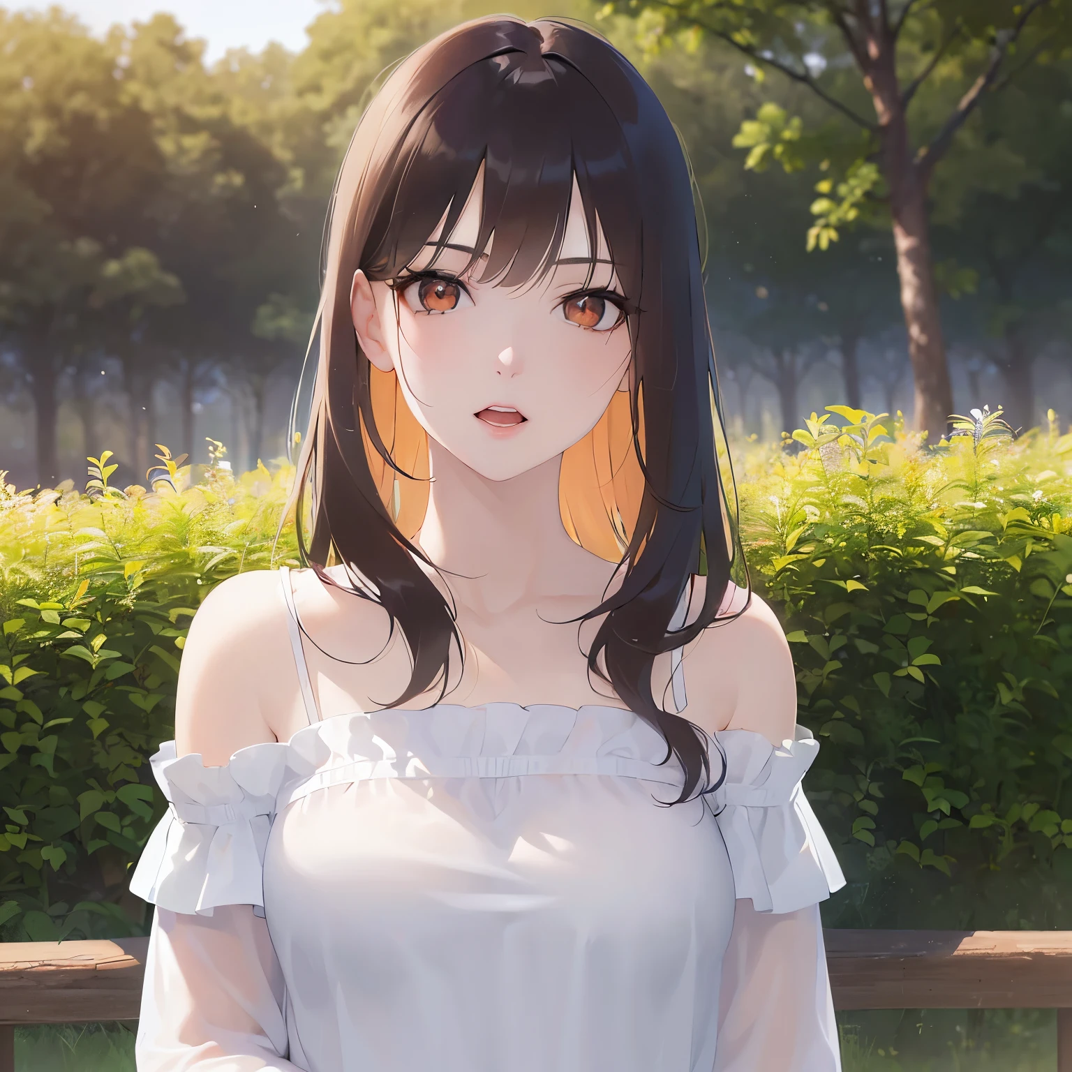 (looking at viewer:1.5)Upper Body, 
 Realistic, real person, (pale skin: 1.2), RAW photo, photorealistic, shiny skin, shiny hair、
(A 25-year-old woman with medium-length hair and bangs) and (wavy hair) and (brown hair) and (orange eyes),
(white) and (off shoulder blouse),
Serious,open mouth,park、grass