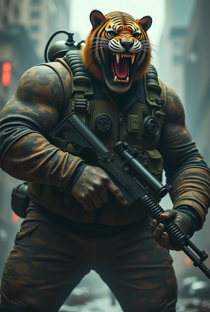 (a dark-skinned fat muscular old man in camouflage diver suit) carrying a gun in right hand, (wearing realistic roaring tiger mask), dynamic action pose, fierce expression, showcasing an imposing stature, surrounded by military elements, dramatic shadows and intense highlights, cinematic color tones, high detail, powerful, art influenced by Bruce Onobrakpeya and Stanley Artgerm, ultra-detailed, best quality image, action-packed atmosphere. fighting stance