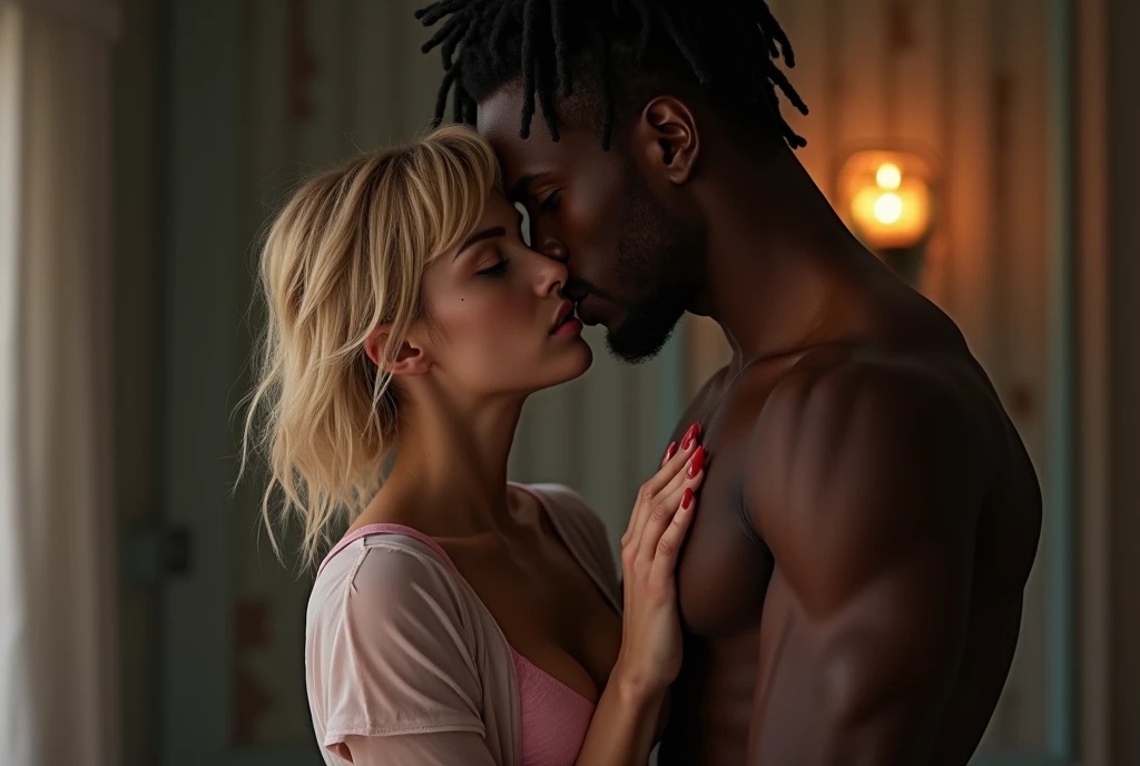 (Photorealsitic:1.4), (masterpiece:1.3), (top-quality:1.4), ultrarealistic, HD 8k,
sexy well proportioned, full body of
((innocent and (sexy) little 28 years woman) and
(tall (muscular) black man )),
man lycra black thong exposed , powerful jaw, dreadlocks, detailed medium dreadlocks, dominant, big muscular arms, wide chest, narrow waist, strong legs, clean face,
she bright expression, extremely beautyful, amazing beautyful, Extraordinary beautiful, Detailed cute and beautiful face, beautiful big blue eyes,freckles, short bun blonde hair, perky small nose, full red lips, Beautiful bangs, Glowing white shiny skin, Bangs that extend to the face, tight body, tonned abs, sexy pert buttocks, subtle makeup, extremely white woman, extremely white skin,
(cozy night bedroom),
alternative vibe,vibrant lighting, high contrast,dramatic shadows,highly detailed,detailed skin,depth of field,dynamic angle,glimmer lighting, film grain,
woman (white plain translucent t-shirt, pink undies) , extremely translucent t-shirt,
man lycra thong,
full body view, woman and man going to have sex, (man gripping her neck kissing her), full standing view, desire look, sexy bite lips , 5 toes, perfect feet, passionate pose, ((uncovered body)), full body exposed, (no deformations), (perfect fingers), extremely explicit and erotic, detailed breast
