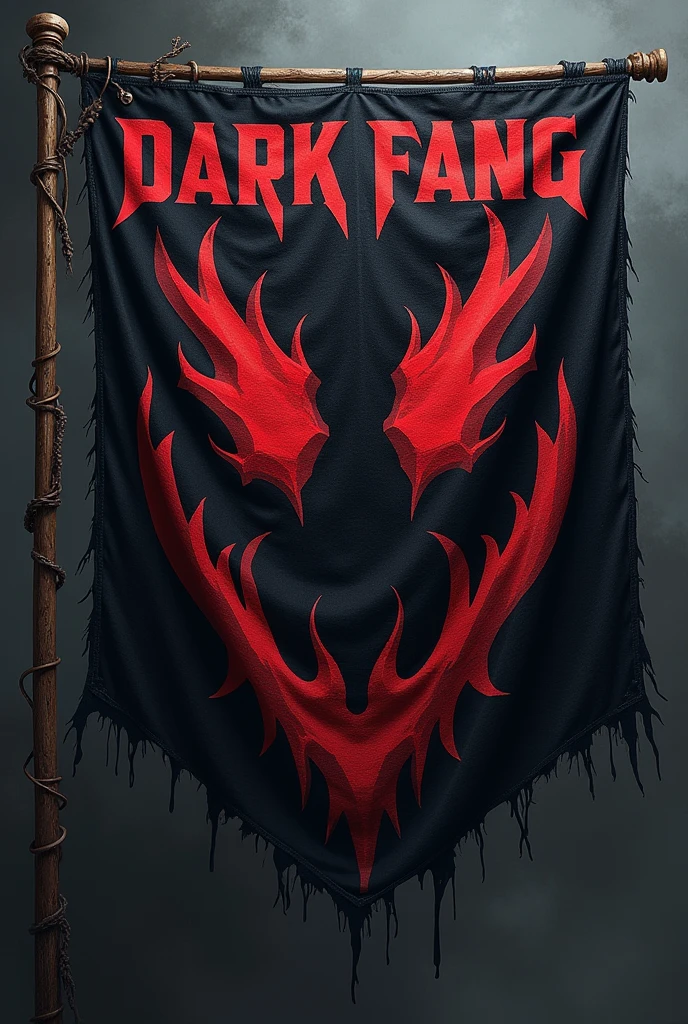 Create a flag for a group of mercenaries with a large fang in the center and the words "Dark fang" forgotten realms style
