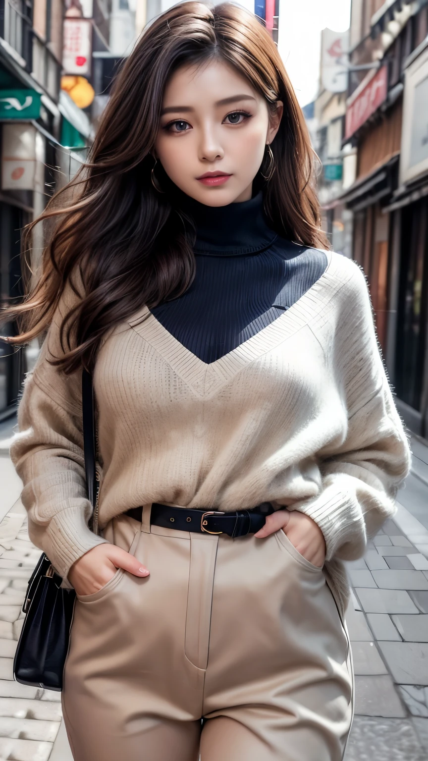 (最高qualityのディテール)、Realistic、8K Ultra HD、High resolution、(One Girl:1.2),(Fatal Beauty,Attractive beauty) ,(Glasses、Mysterious charm:1.1),(Big Breasts、Captivating silhouette),The 超detailedな、高qualityのテクスチャ、複雑なdetailed、detailed、非常にdetailedなCG、高qualityの影、detailed 美しく繊細な顔、detailed 美しく繊細な目、Written boundary depth、Ray Tracing、20th Generation、Cute K-Pop Girls、(The Face of Ulzan in Korea)、Thin face、(Urzan-6500-v1.1:0.6)、PurerosFace_v1、Glowing Eyes、Perfect body、 Viewer Display、(最高qualityのディテール:1.2)、Realistic、8K Ultra HD、High resolution、Woman close up， realistic girl rendering, 8k artistic german bokeh, Enchanting girl, Real Girls, Gurwitz, Gurwitz-style artwork, Girl Roleplay, Realistic 3D style, cgstation Popular Topics, 8K Portrait Rendering,（truth，truth：1.4），(Sparkling eyes girl:1.2)、cheek、Glossy Lips、、High resolution, Best image quality, 最高quality, Realistic, 超detailedな, Photorealistic, 4K 8K Ultra HD Full Color RAW Photos, Fujifilm(Medium format), Hasselblad, Carl Zeiss, Incredible dynamic range photography(utility_art：Smooth-768:1.1),High resolution, High pixel count, 明確なdetailed, Clear images, Natural color reproduction, Noise Reduction, High fidelity, quality, Software Improvements, Upscaling, Optimized Algorithms, Professional-level retouching,

1. Oversized coat:

The coat is、Choose an oversized design that covers from shoulders to knees.。Color is classic navy or black、or warm khaki or beige, wait.、Choose colors that match the season。
2. Knitted sweater or turtleneck:

To protect yourself from the cold、Knitted sweater or turtleneckを選択してください。Match the texture and color of the knit to the coat.。
3. Wide leg pants:

For pants, Choose a wide-leg design、Combines ease of movement and style。Denim in dark tones or black trousers will look good.。
4. Knee-high boots:

What is included in an oversized coat、足首からふくらはぎまでカバーするKnee-high bootsとの組み合わせ。Boots are black or dark brown and chic.、Gives a stylish impression。
5. accessories:

シンプルなゴールドまたはシルバーのaccessoriesを選択してください、Add elegance to your outfit。for example、Long necklaces and large earrings are recommended.。
6. Handbags:

Handbags、Choose a color that matches the tone of your outfit.。Shoulder bags and tote bags are convenient and stylish。
7. Compensateと髪型:

Compensate, Choose natural colors that flatter your skin。Wavy Hair、By creating loose curls、Appeal to softness。