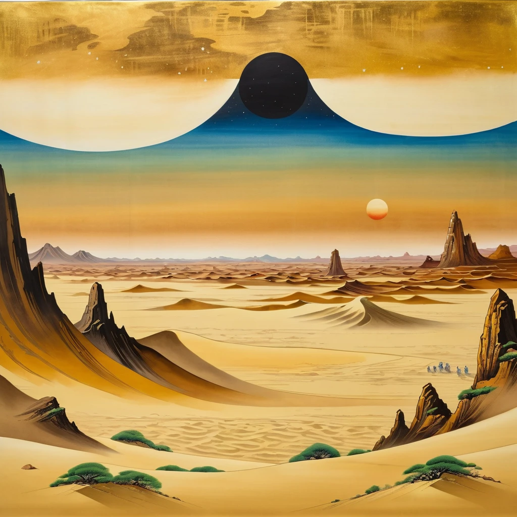masterpiece,A folding screen depicting the sand planet Tatooine,Japanese paintings drawn with ink and water,(Beautiful gradation created by layering),(Tarashikomi technique),(Gold Dust Base),(dynamic)